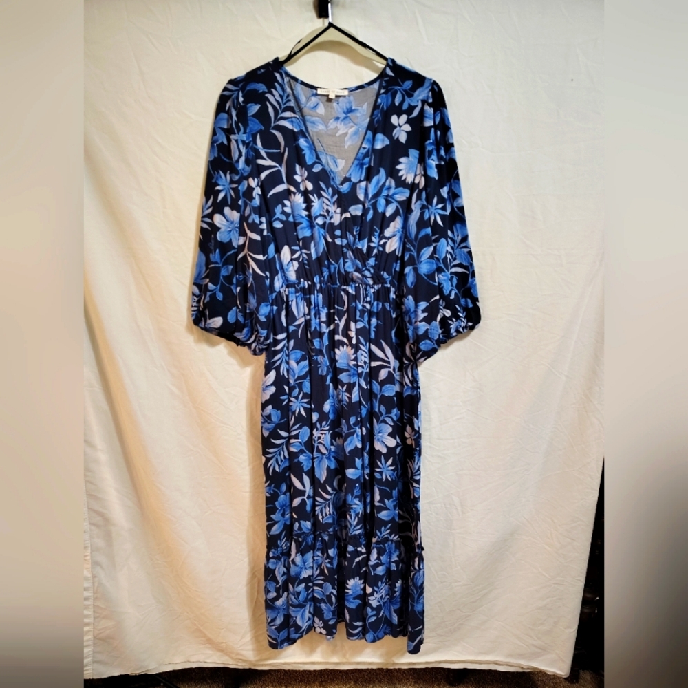 Blue and White Maxi Sundress with Dolman Sleeves